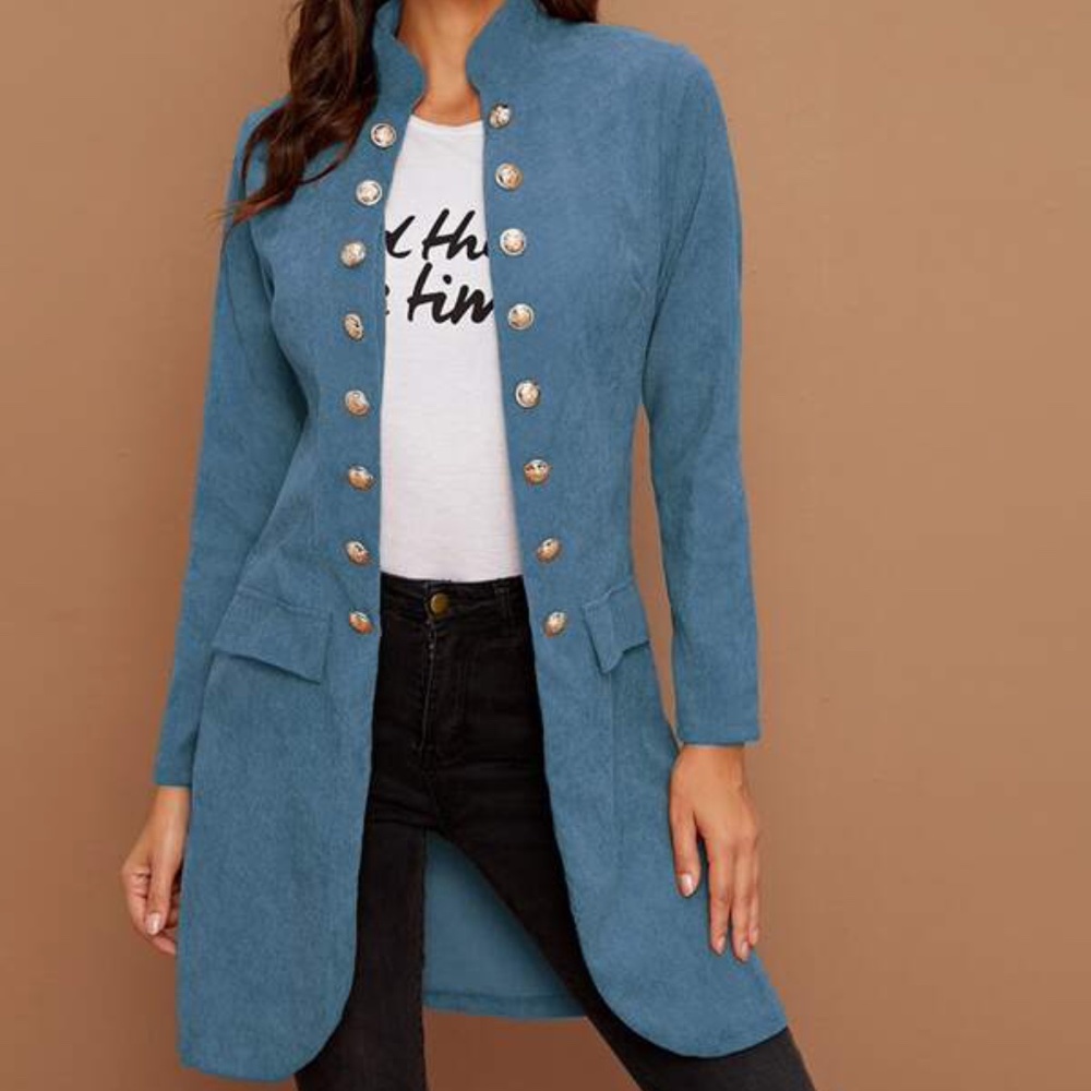 Dark Green Button Detail Open Front Corduroy Jacket Shacket - Picture 2 of 16
